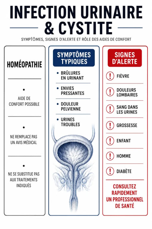 Infographie infection urinaire homeopathie traitement : symptômes, signes d’alerte et quand consulter