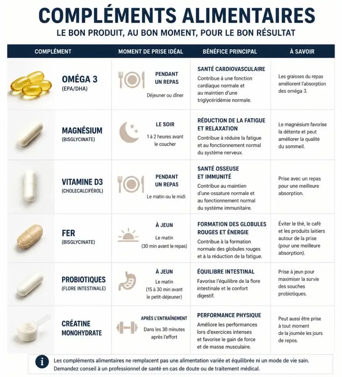 Tableau comparatif des compléments alimentaires et leurs bénéfices pour la santé fitness