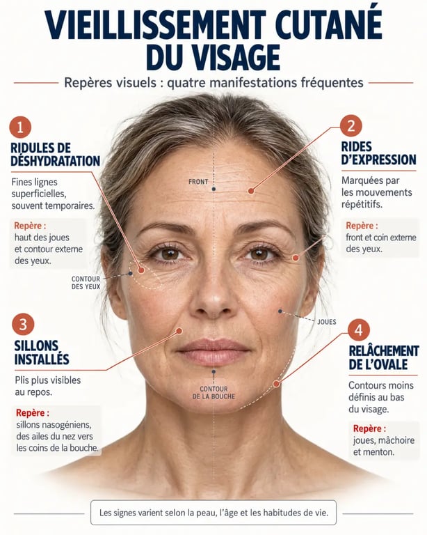 Homéopathie pour les rides du visage : schéma des différents signes du vieillissement cutané et des zones concernées