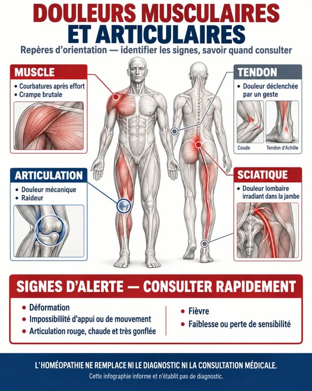 Infographie sur l’homéopathie et les douleurs musculaires et articulaires, avec repères et signes d’alerte