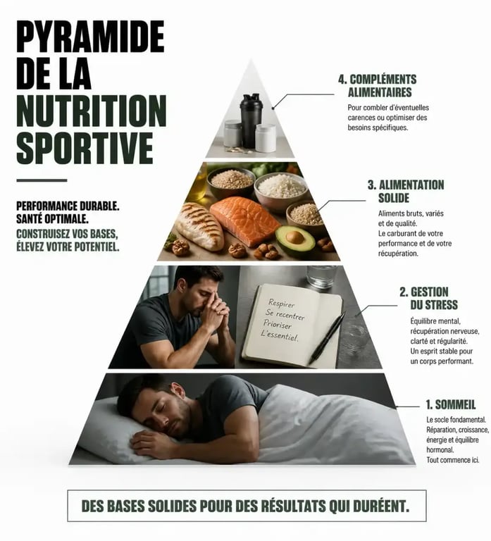 Infographie sur la pyramide de la nutrition sportive et l'usage des compléments alimentaires