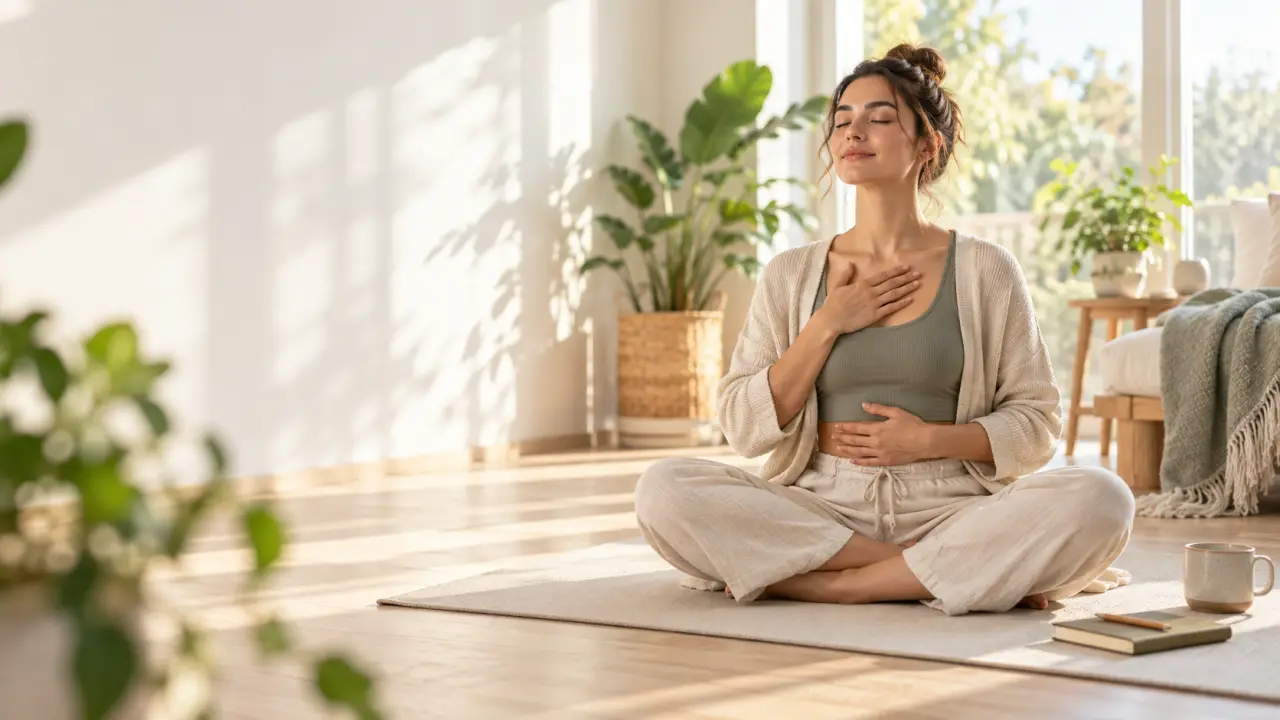 Personne pratiquant un exercice de respiration dans un espace lumineux et apaisant