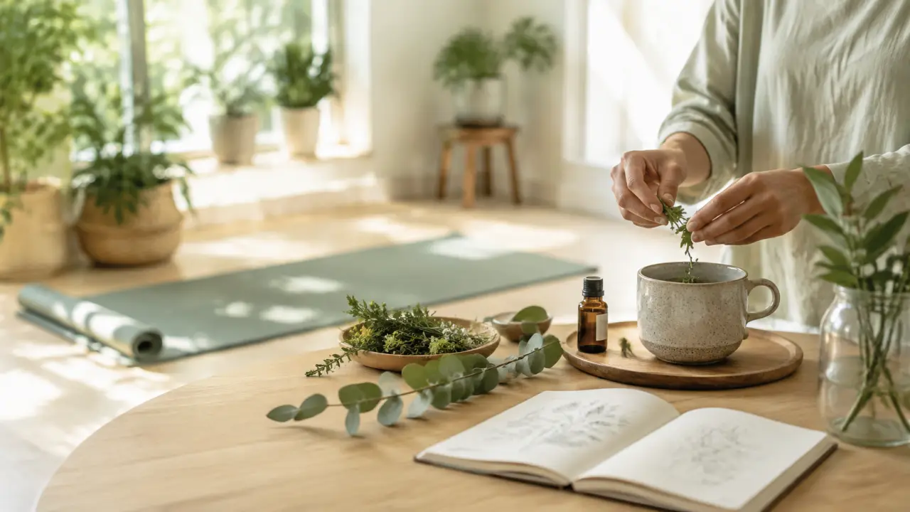 Personne pratiquant un rituel de bien-être dans un intérieur lumineux et naturel