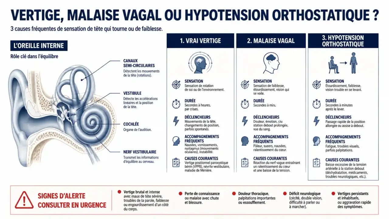 Homeopathie pour vertige : infographie médicale sur le vrai vertige, les causes et les signes d'alerte