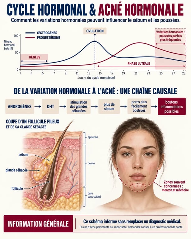 Schéma de l’acné hormonale et du traitement naturel selon le cycle, les androgènes et la DHT