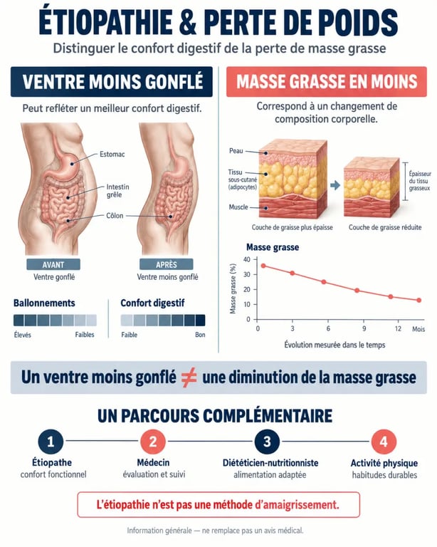 Infographie sur l’étiopathe et la perte de poids distinguant confort digestif et perte de masse grasse