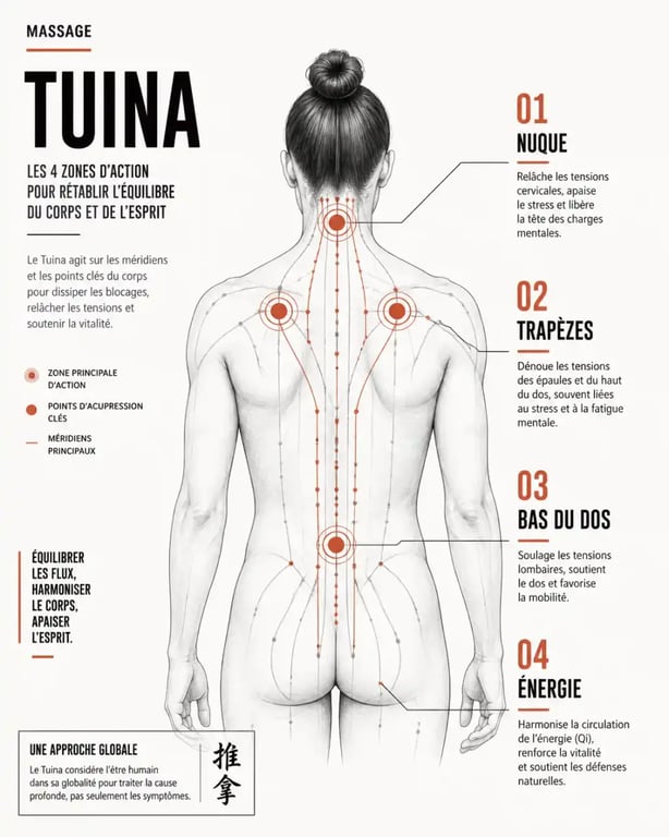 Infographie des zones d'action du massage Tuina sur le corps selon la médecine traditionnelle chinoise