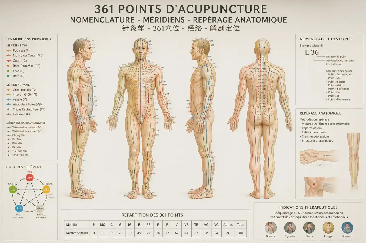 361 points d'acupuncture : nomenclature, méridiens et repérage anatomique