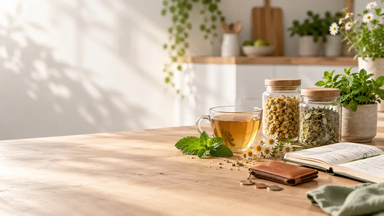 Plantes médicinales séchées, tisane et accessoires de phytothérapie sur une table en bois