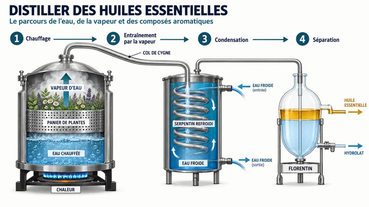 Schéma du fonctionnement d’un alambic pour distiller des huiles essentielles et séparer l’hydrolat