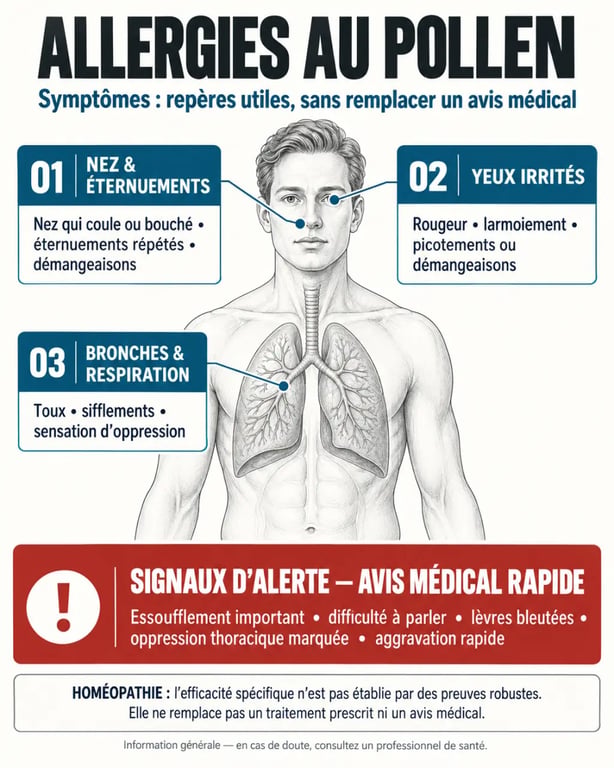Homéopathie pour les allergies au pollen : symptômes, limites des preuves et signaux d’alerte respiratoires