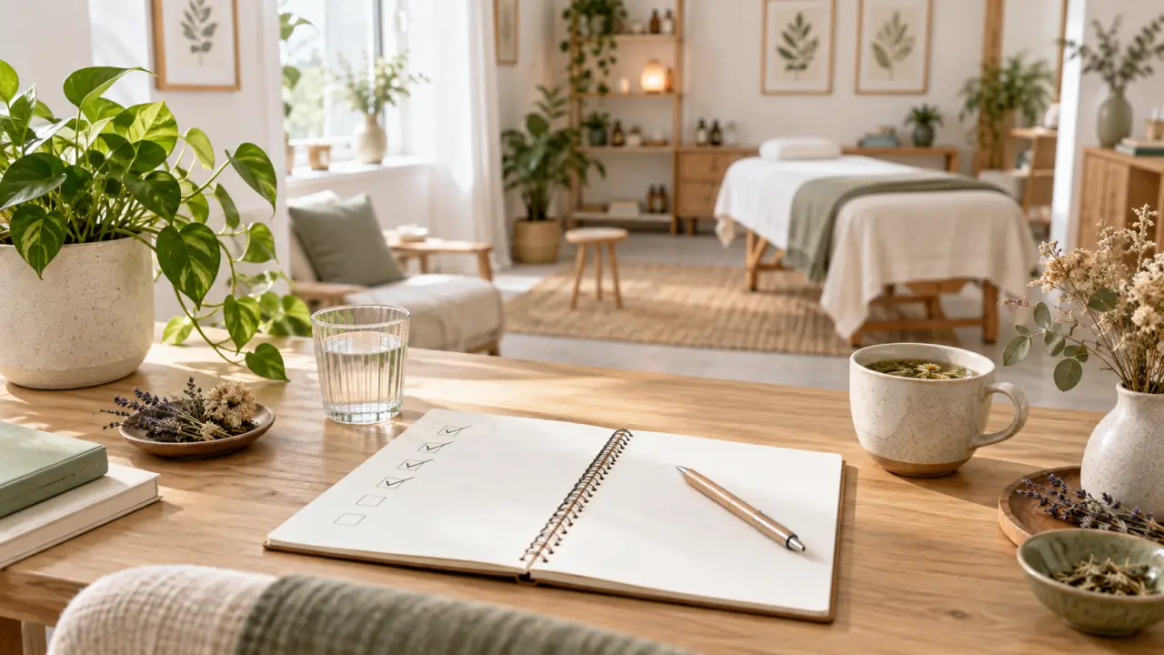Préparation d'une consultation naturopathique dans un espace lumineux et naturel