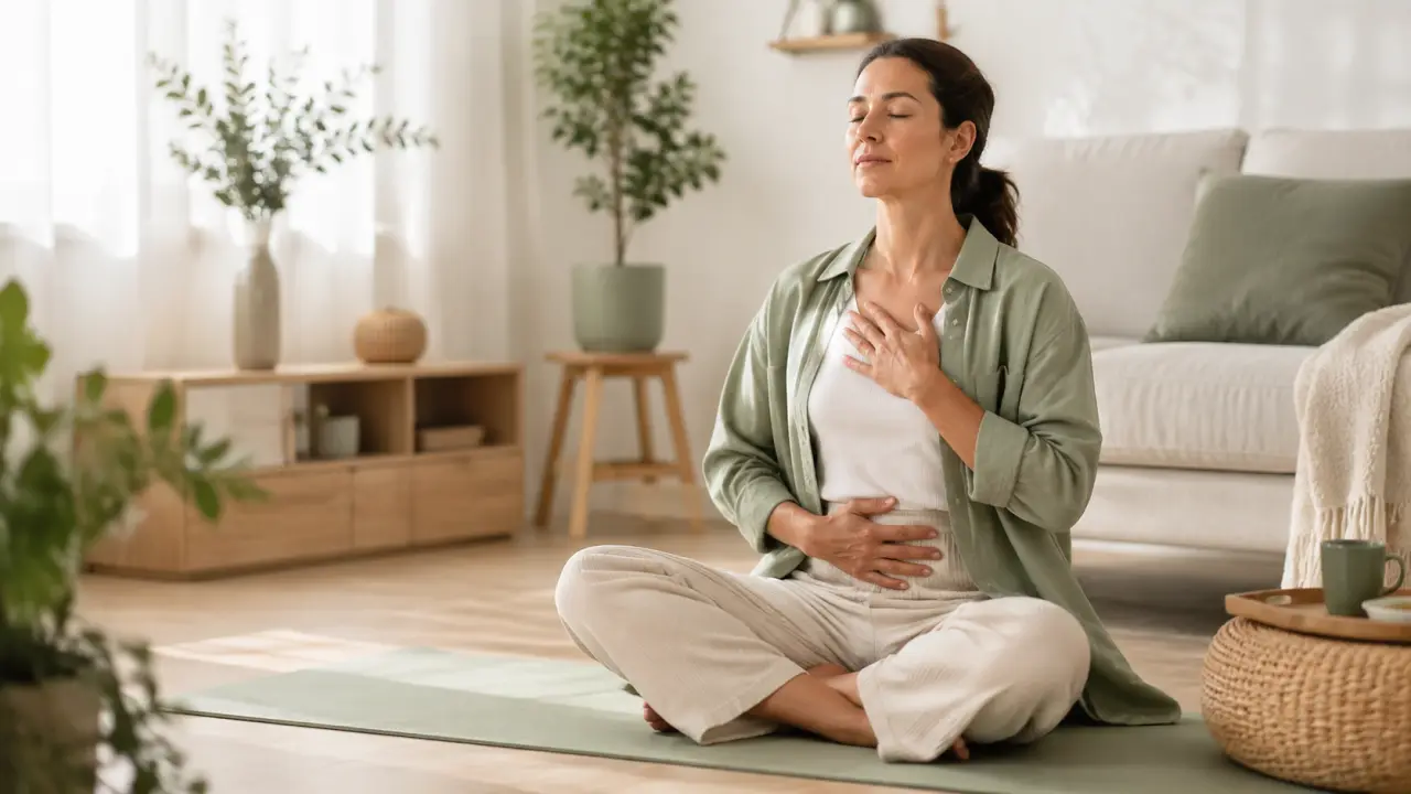 Personne pratiquant un exercice de respiration dans un espace lumineux et naturel