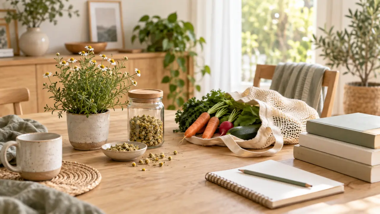Produits naturels et plantes disposés dans un intérieur lumineux