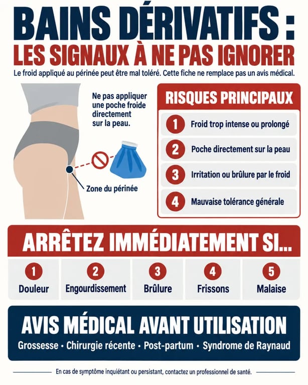 Infographie sur les bains dérivatifs danger, risques du froid et signes imposant l’arrêt