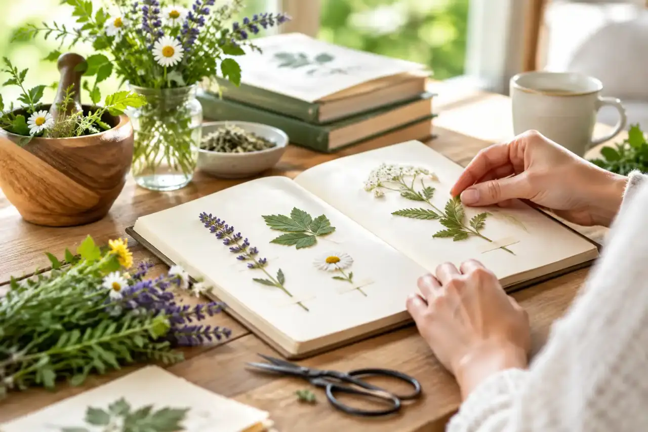 Table de travail en bois avec des plantes séchées, un carnet de notes et des ciseaux en laiton