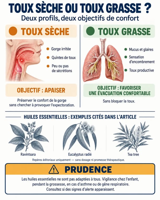 Infographie sur les huiles essentielles pour la toux sèche et la toux grasse avec précautions d'emploi