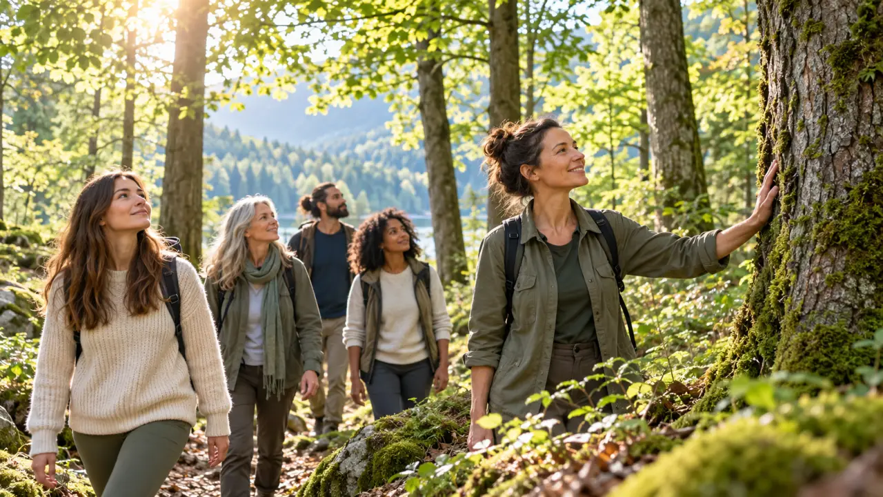 Personnes pratiquant un bain de forêt guidé dans un environnement naturel