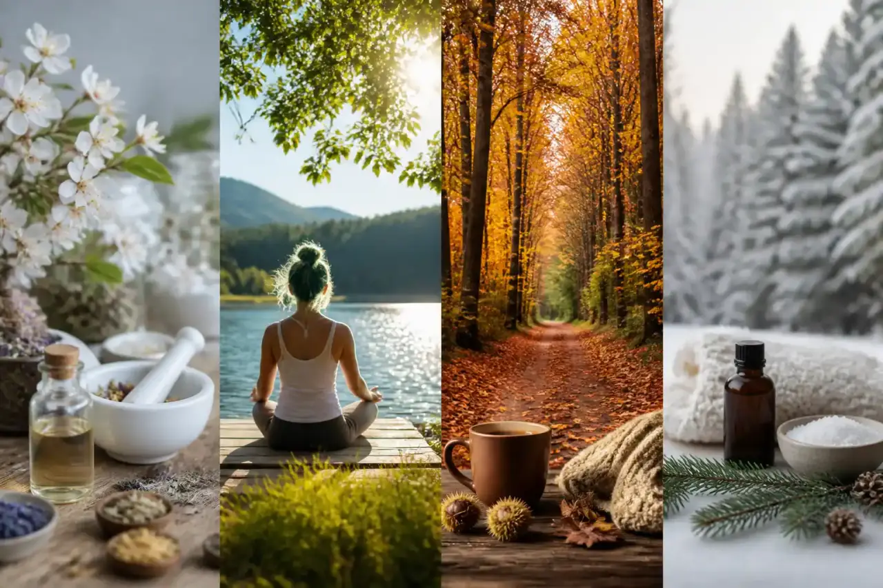 Rituel saisonnier de naturopathie dans un intérieur lumineux et apaisant