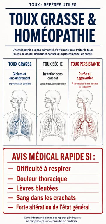Infographie sur la toux grasse homéopathie : différences entre toux grasse, toux sèche et signes d’alerte