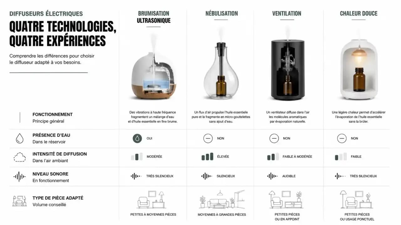Infographie sur les huiles essentielles pour diffuseur électrique et les différents types de diffuseurs