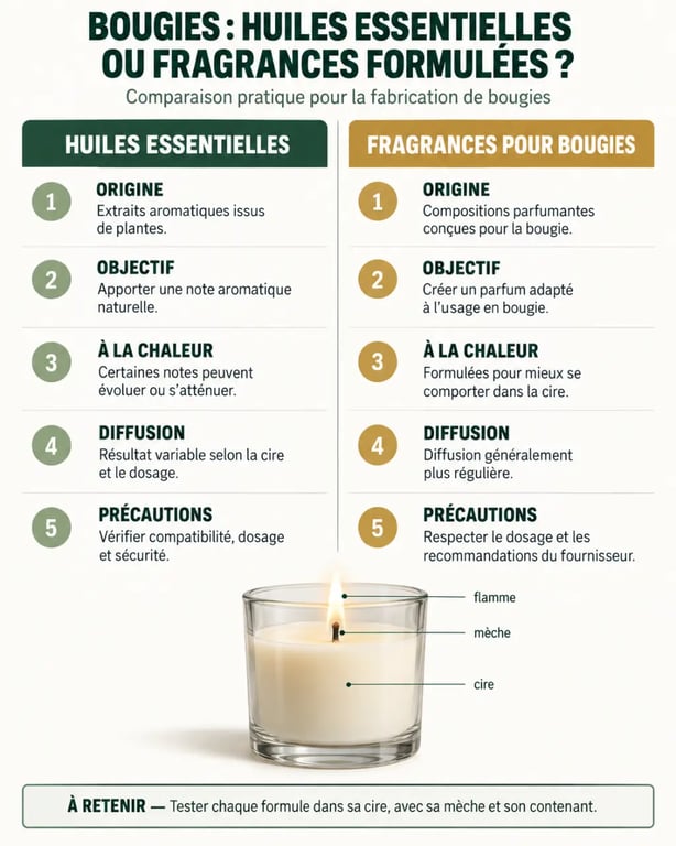 Infographie comparative sur les bougies aux huiles essentielles et les fragrances pour bougies
