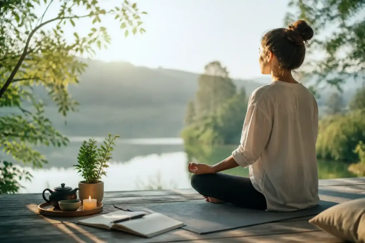 Routine naturopathie anti-stress dans un intérieur lumineux avec plantes et tisane