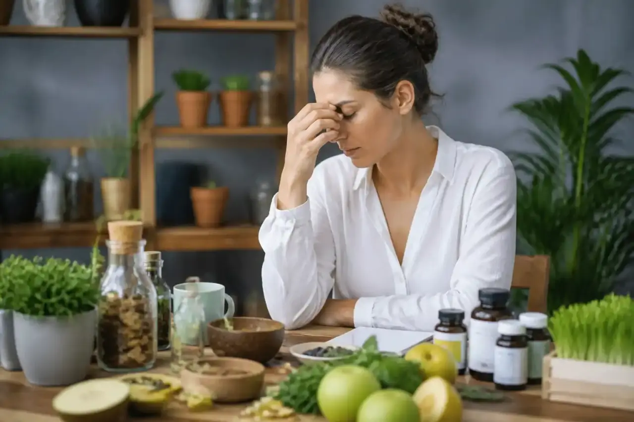 Séance de naturopathie dans un espace lumineux avec plantes et matières naturelles