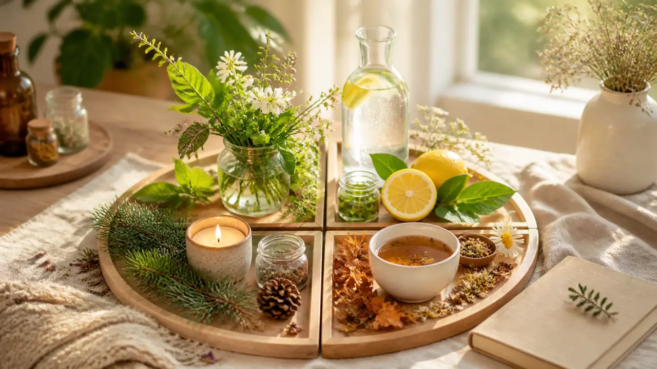 Rituel de naturopathie saisonnière dans une pièce lumineuse et végétale