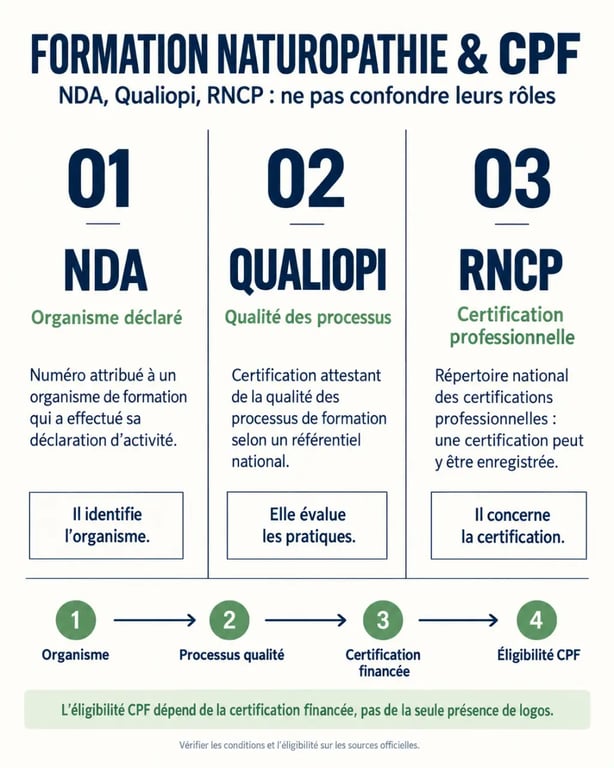 Infographie sur la formation naturopathie CPF et la différence entre NDA, Qualiopi et RNCP