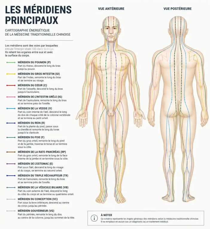 Schéma des méridiens et points d'acupuncture sur le corps humain